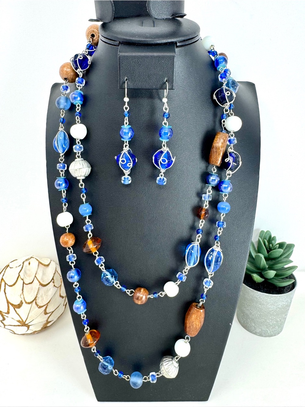 Artisan Handcrafted Wire Wrapped Cobalt Blue Glass Bead & Wood Necklace Earrings